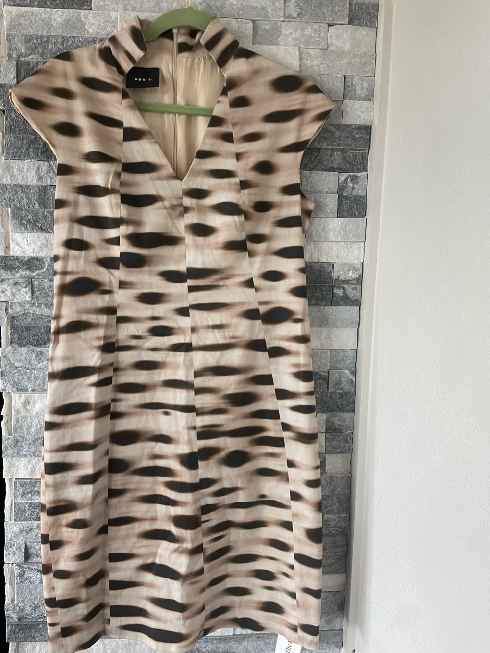 AKRIS Dress Cream & Brown Animal Print Cotton Sleeveless V-Neck-Sz 10